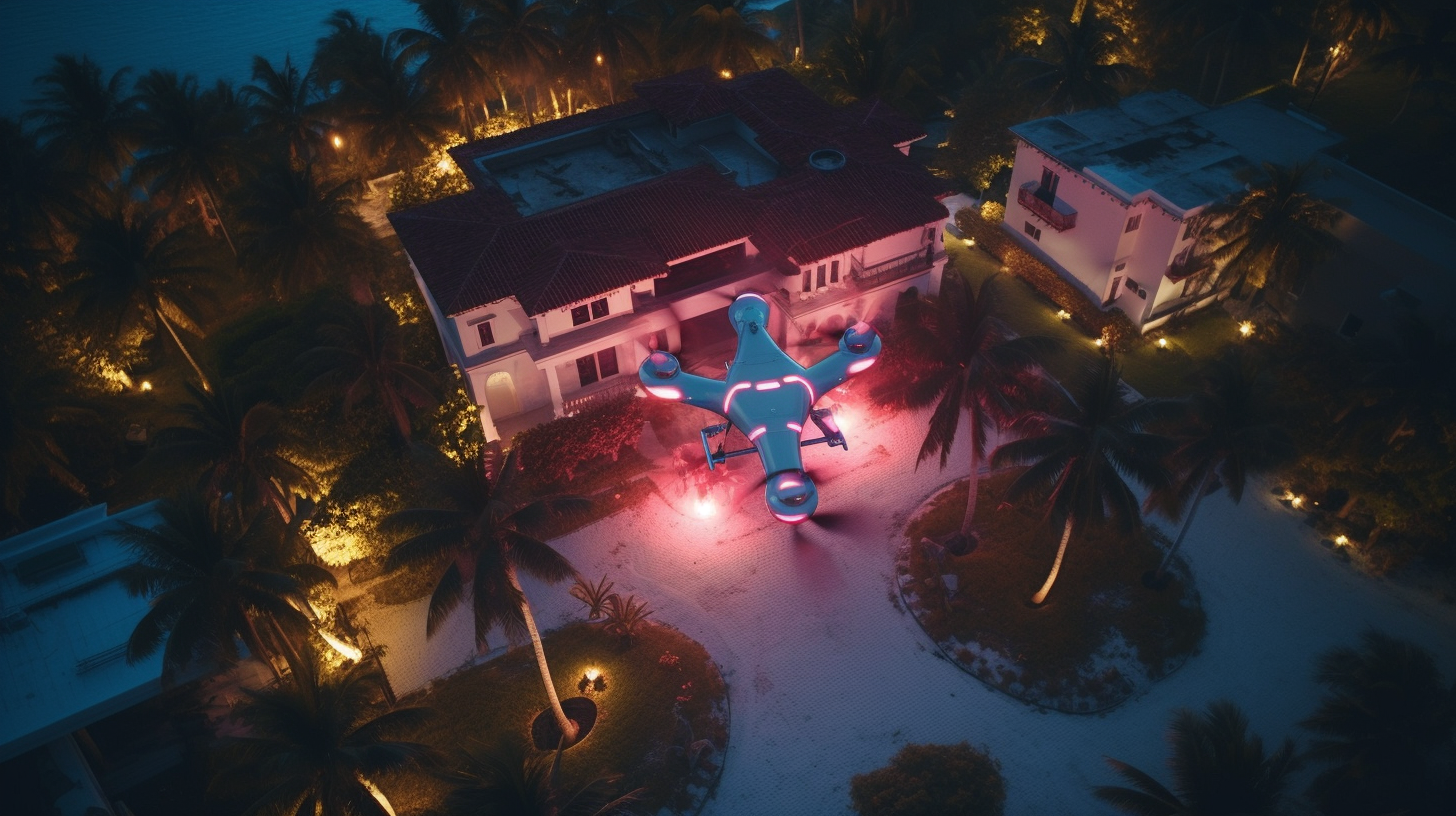 A drone captures luxury scenes with dynamic motion.