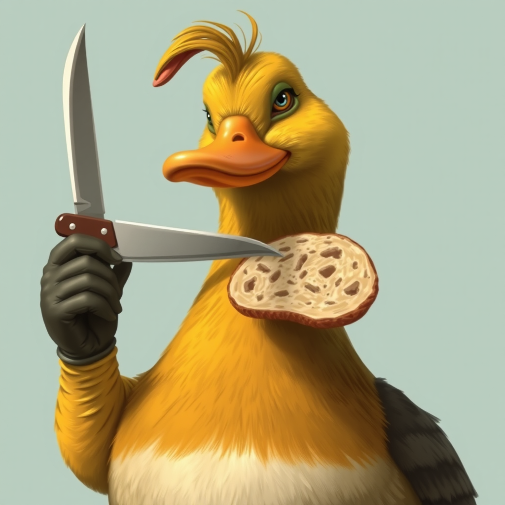 A duck with a knife requests bread.