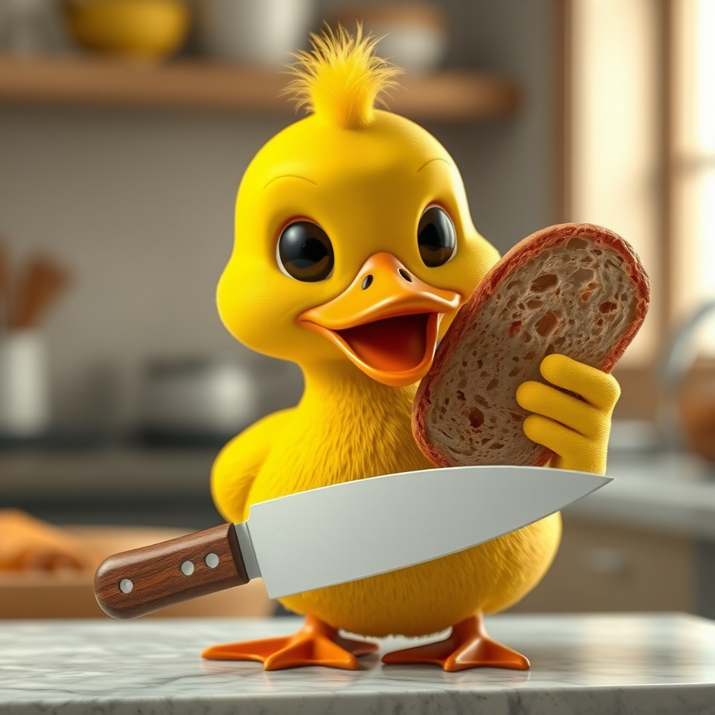 A duck with knife holding bread in kitchen.