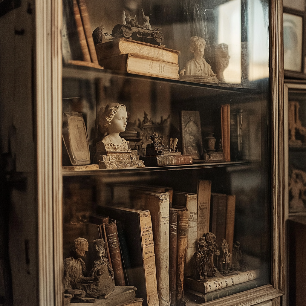 A dusty glass cabinet in the basement.