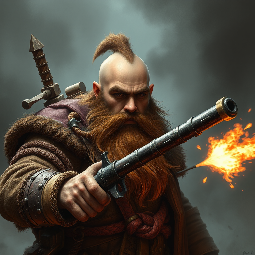 A dwarf fighter with a brown beard holding explosives.