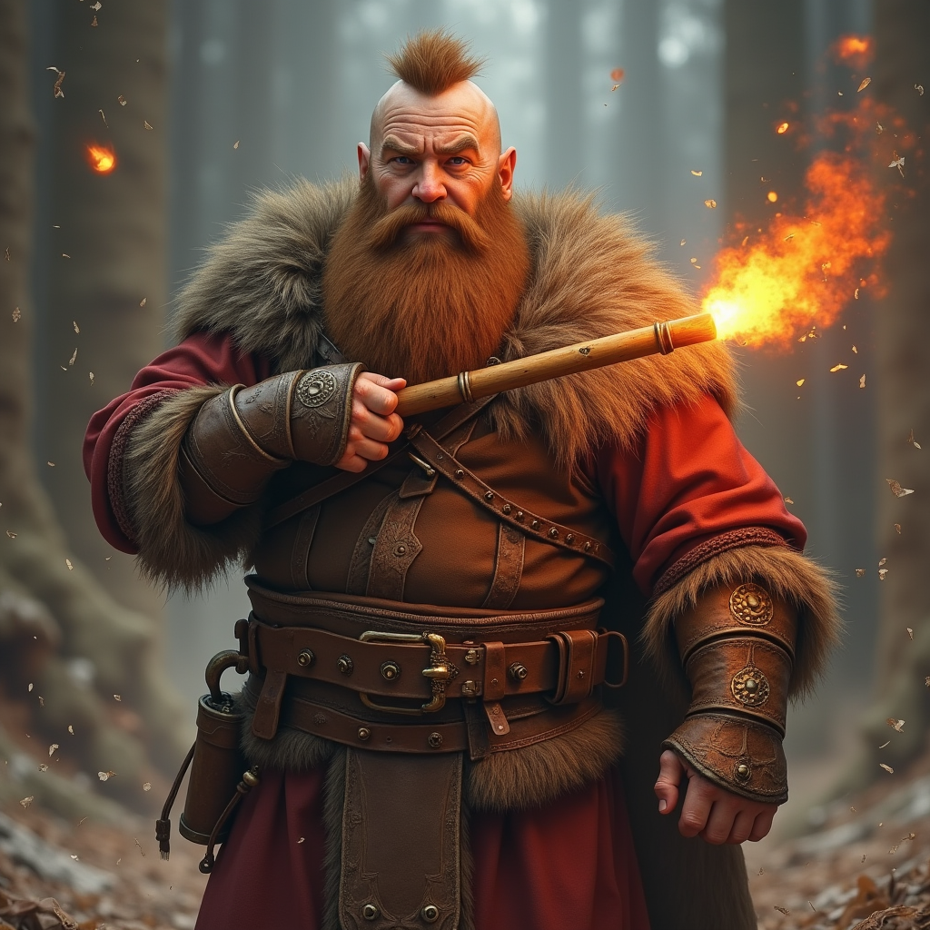 A dwarf fighter with brown beard holding explosives.