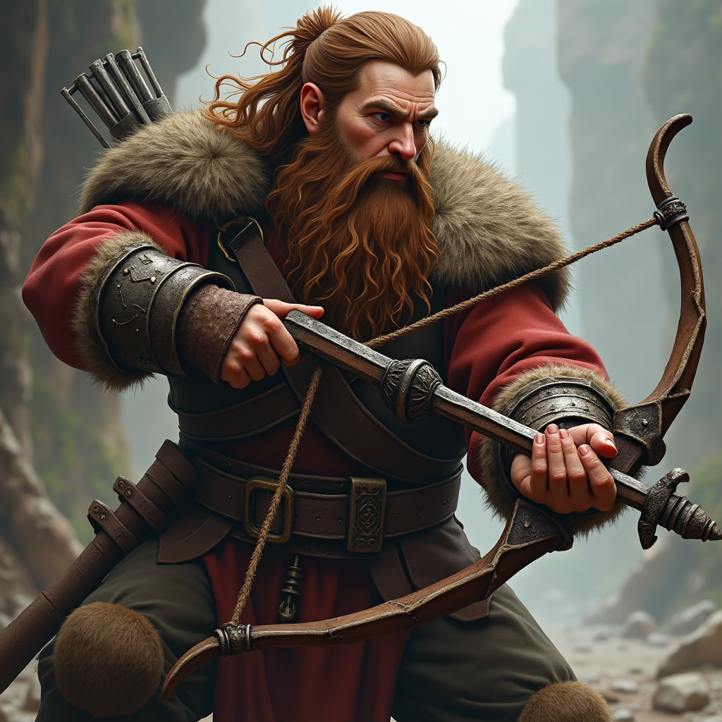 A dwarf fighter with brown hair fires crossbow.