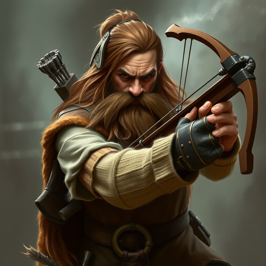 A dwarf with brown hair holds a crossbow.