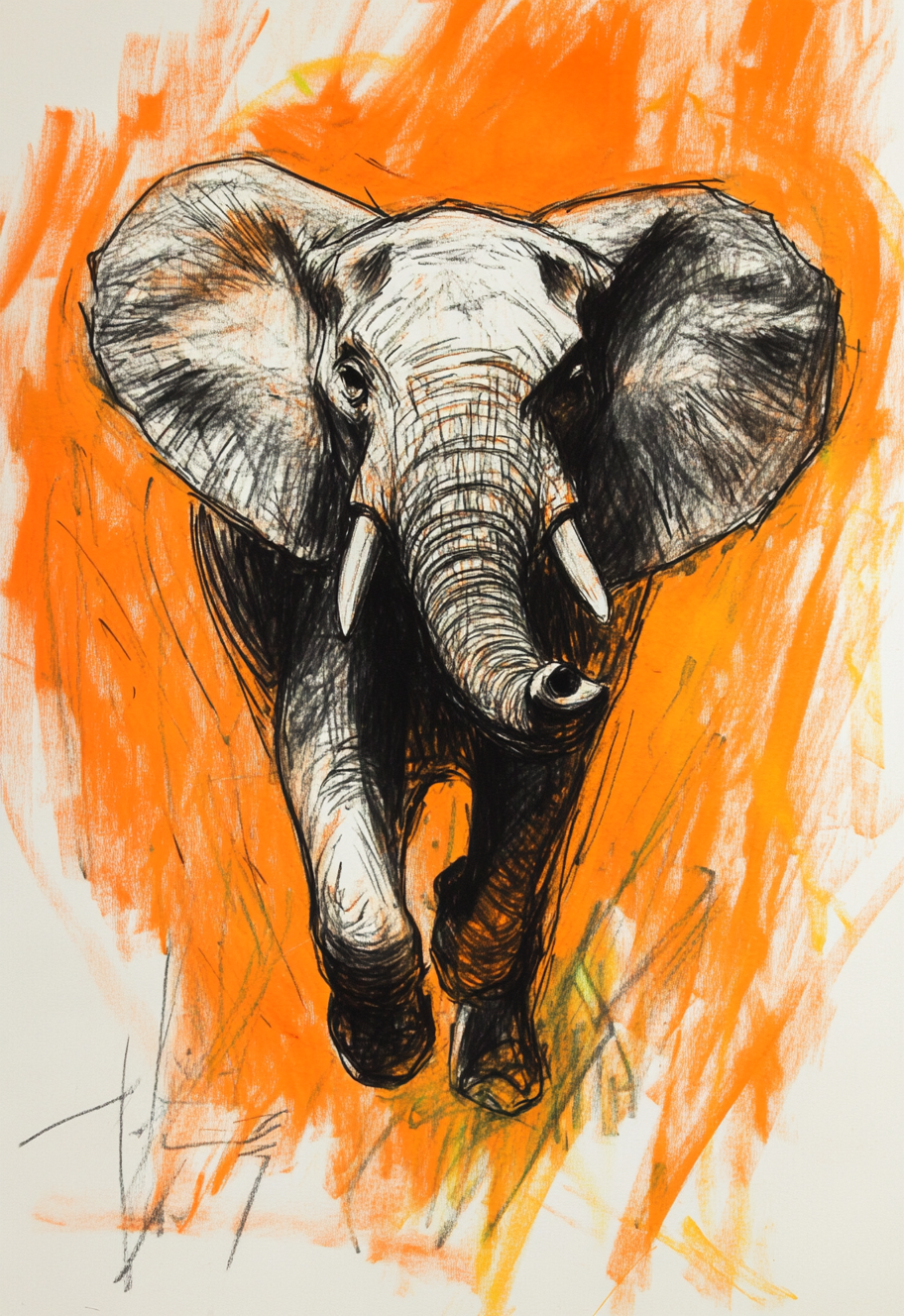 A elephant running on the savanna in sketch style.