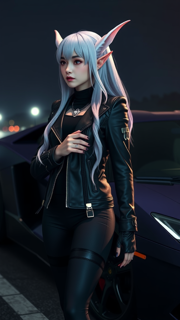 A elf girl with white hair near car.