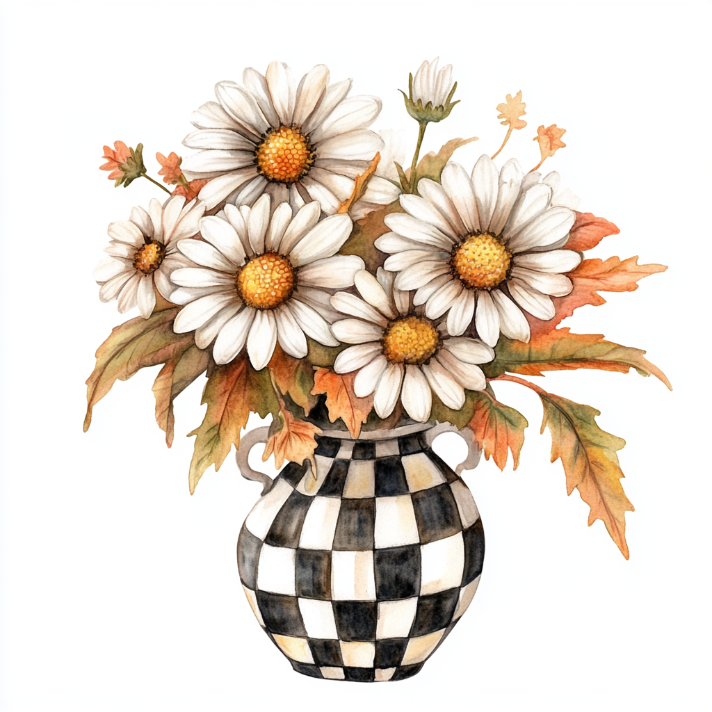 A fall bouquet of daisies in black and white.