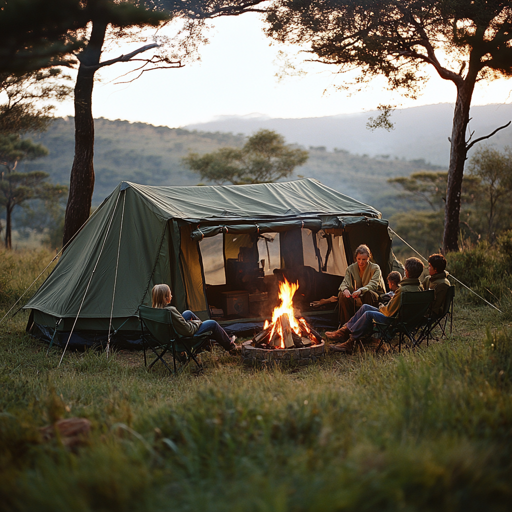 A family camping in decorated tent in bushveld