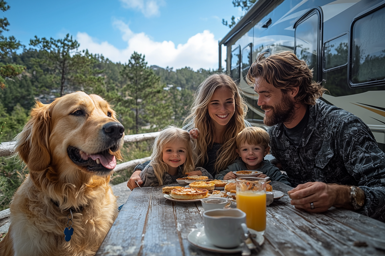 A family eating at breakfast near an RV