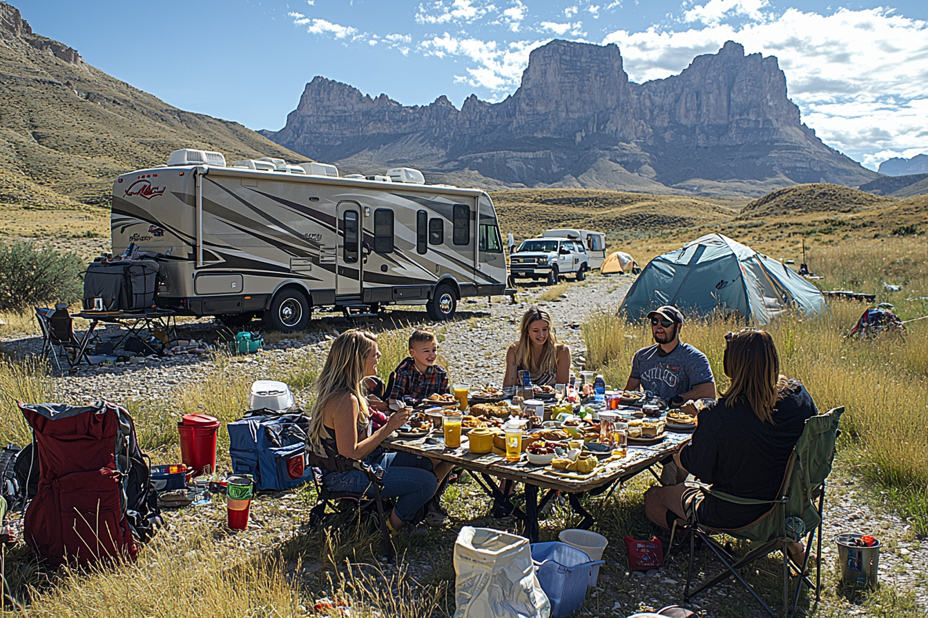 A family eating breakfast in front of RV.