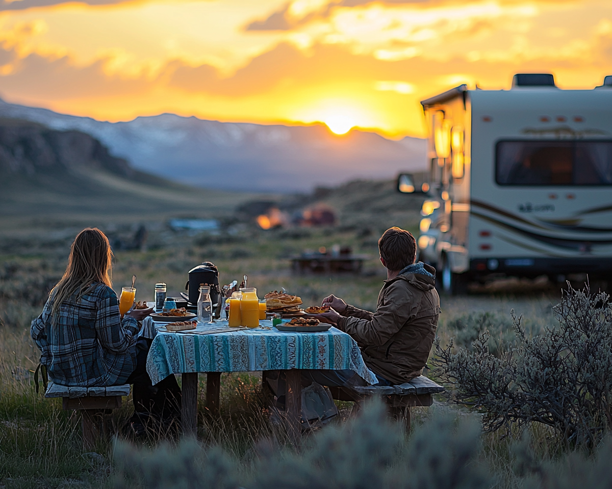 A family enjoying breakfast outside their RV.