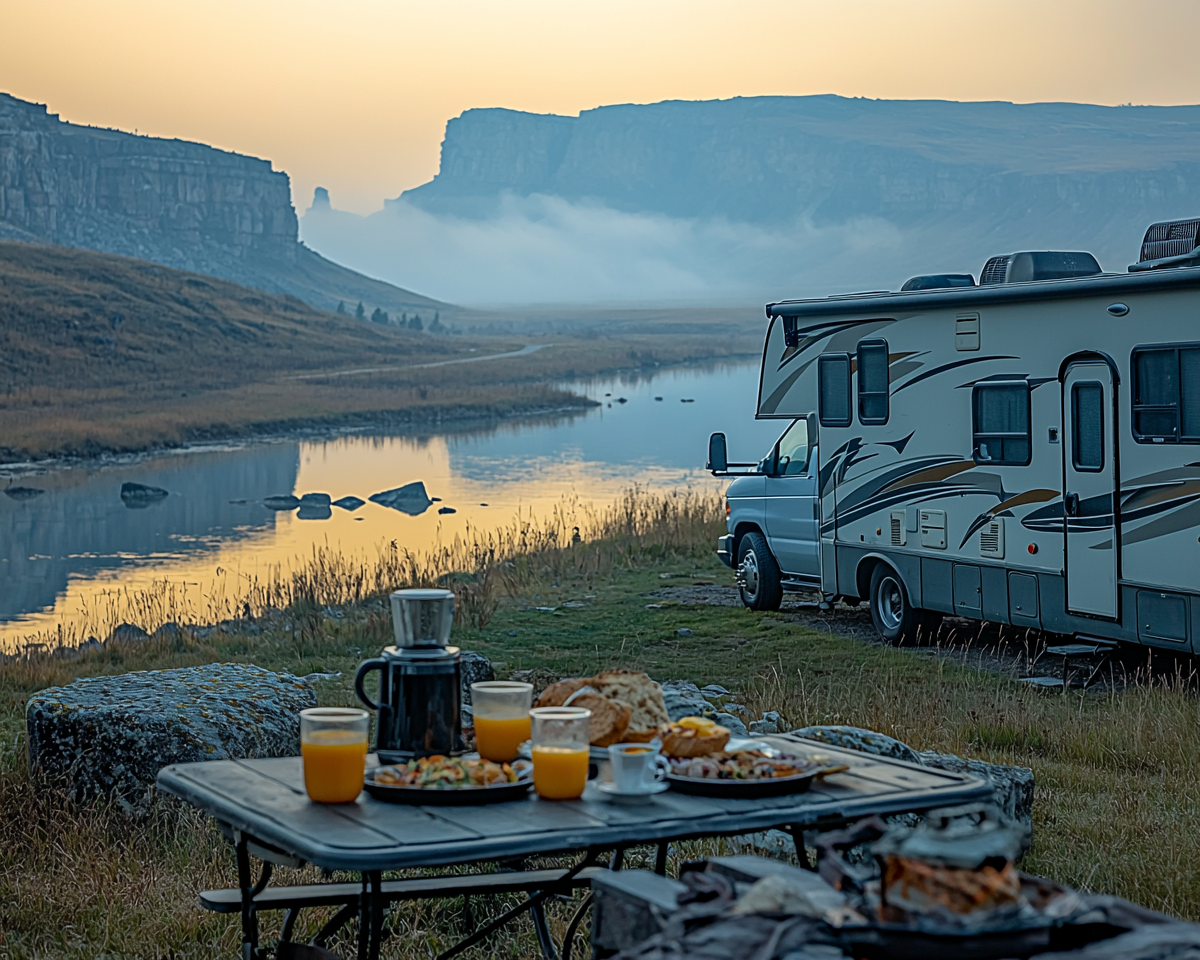 A family enjoys breakfast in front of RV.