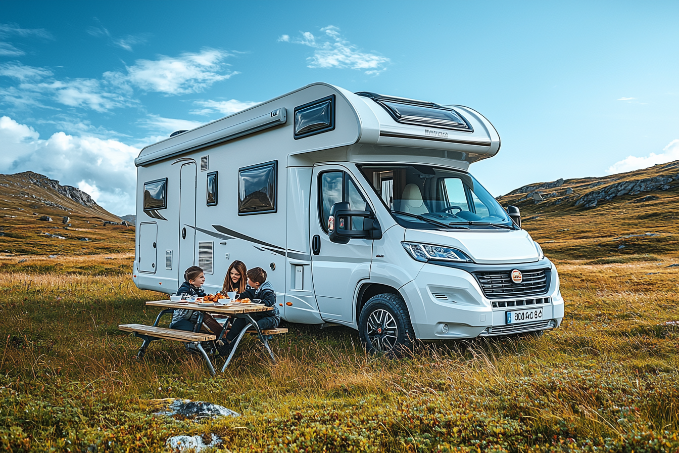 A family having breakfast in front of RV.