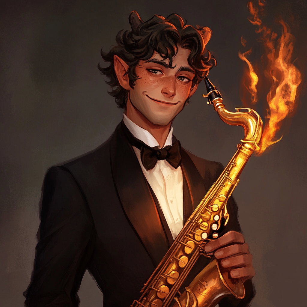 A fancy tiefling man with a flaming saxophone