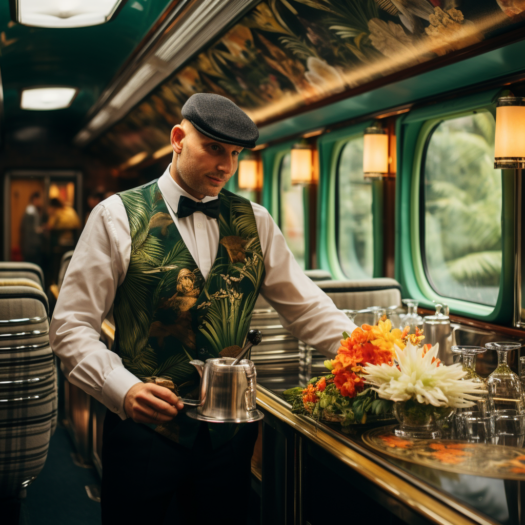 A fancy train with gold and green walls.