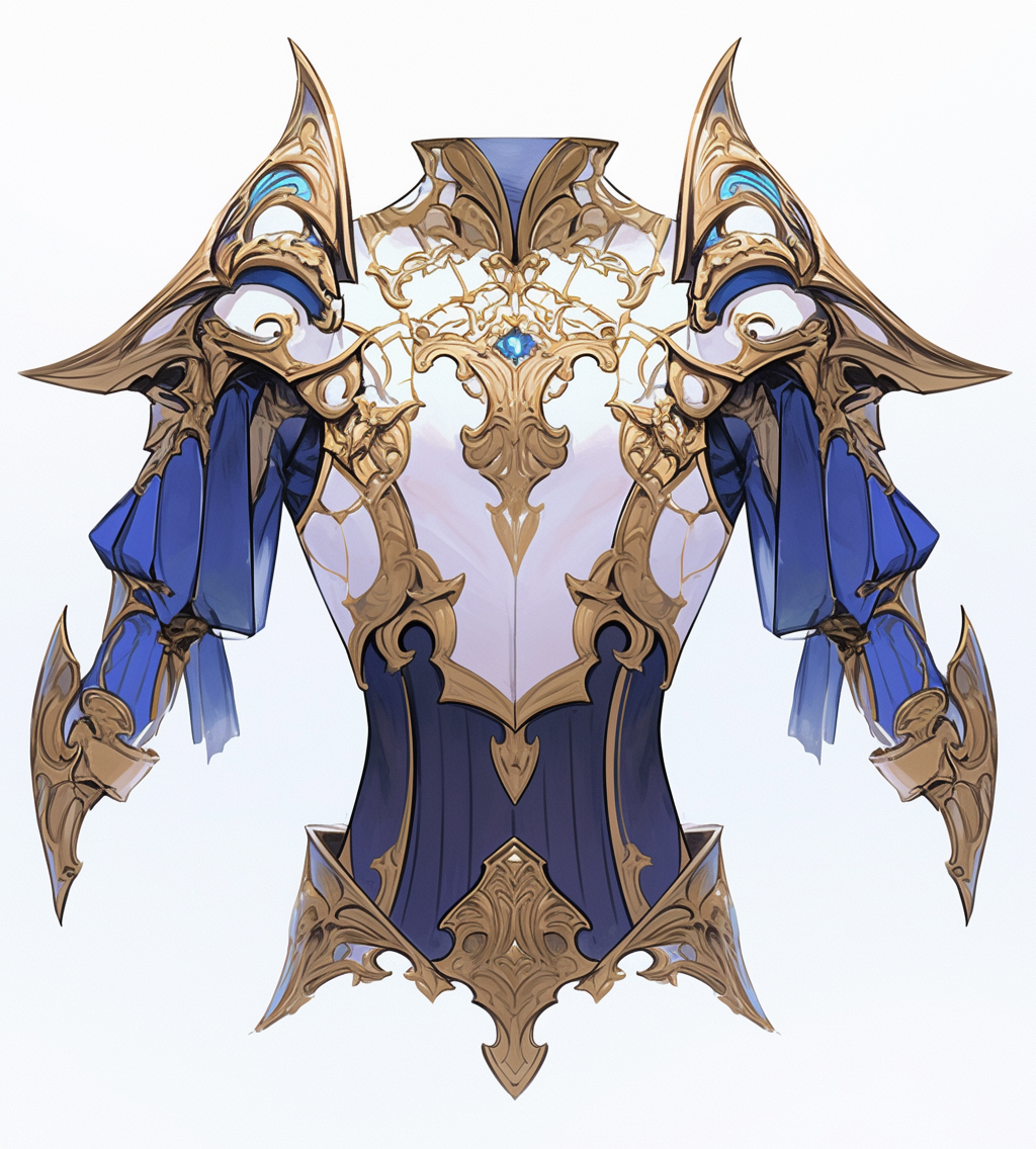 A fantasy chestplate with blue and gold, detailed digital art.