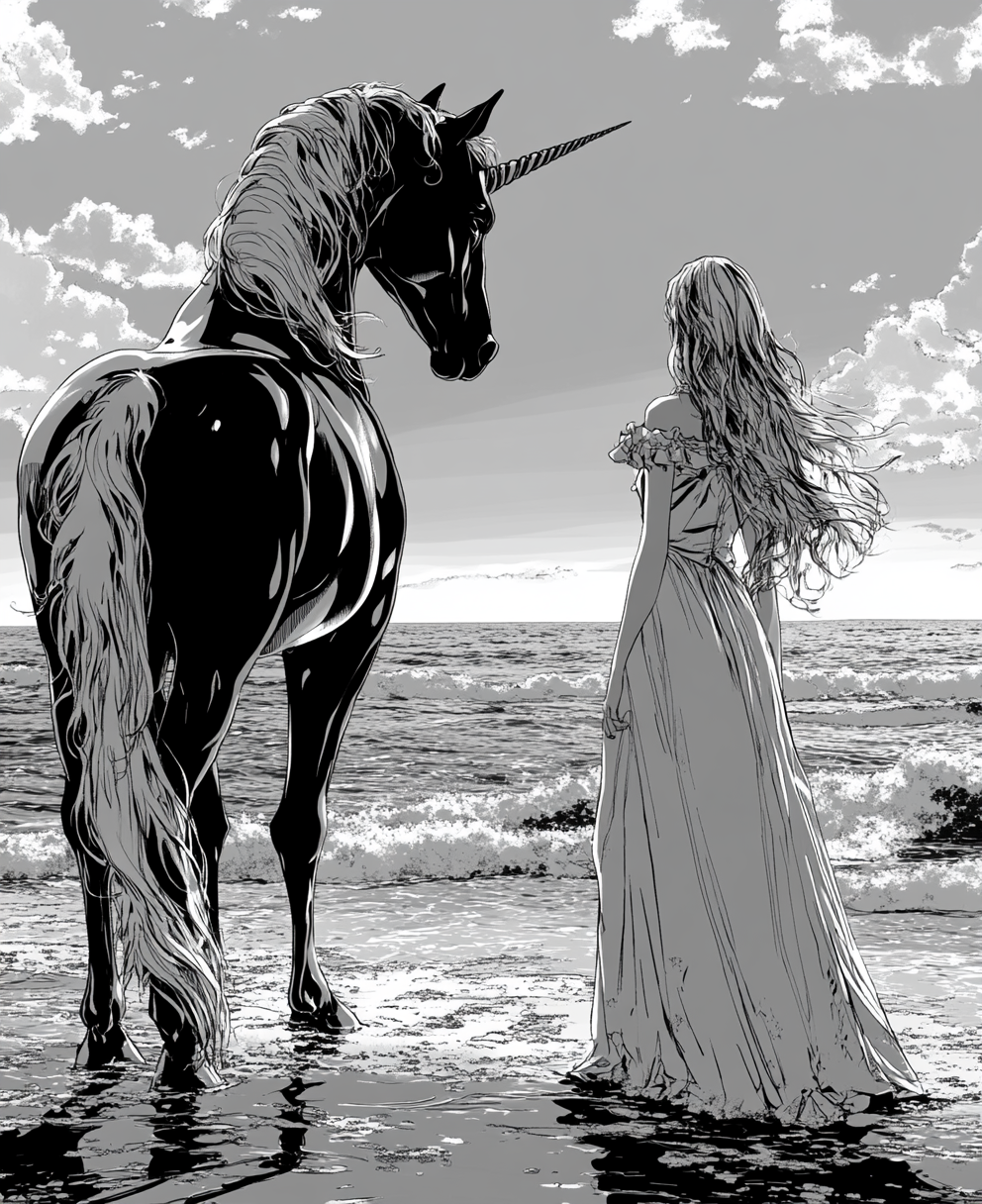 A fashionable girl and man with unicorn at beach.