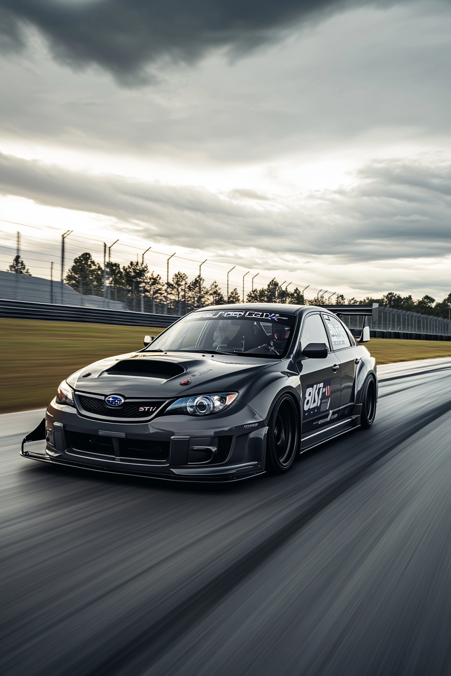 A fast Subaru racing on a racetrack.