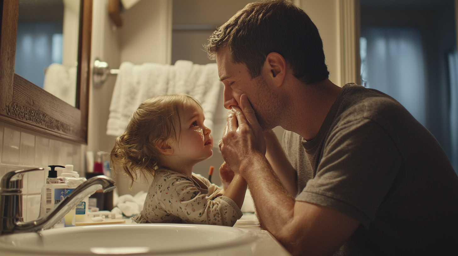 A father comforting his daughter in bathroom