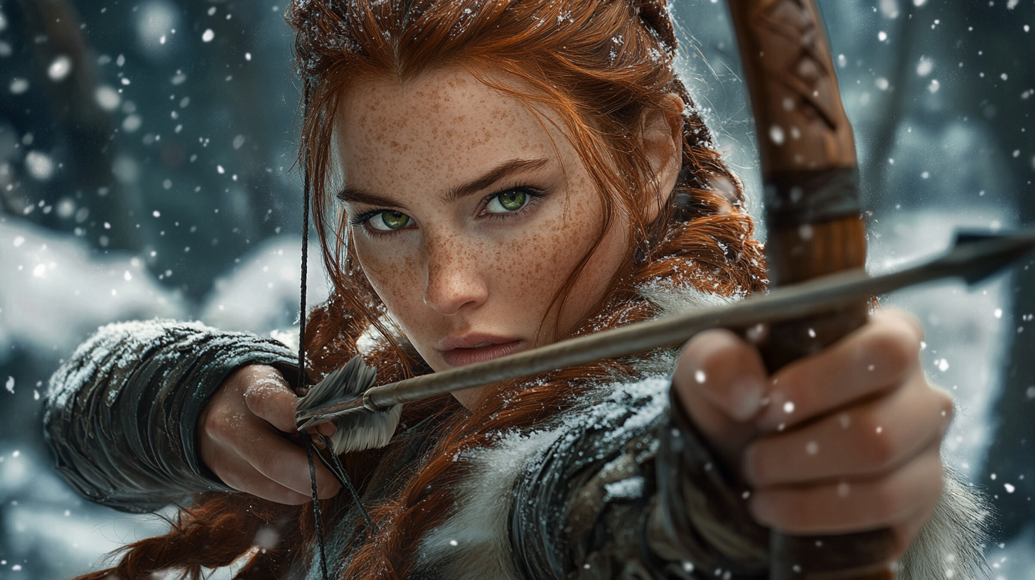 A female archer with red braids in snow