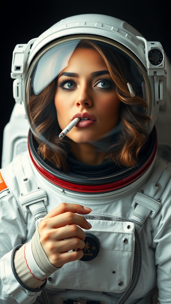 A female astronaut from Canada smoking in space.