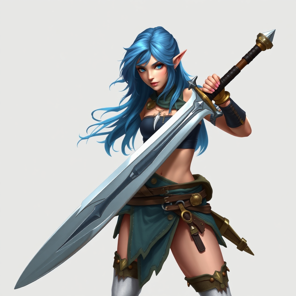 A female elf warrior with blue hair.