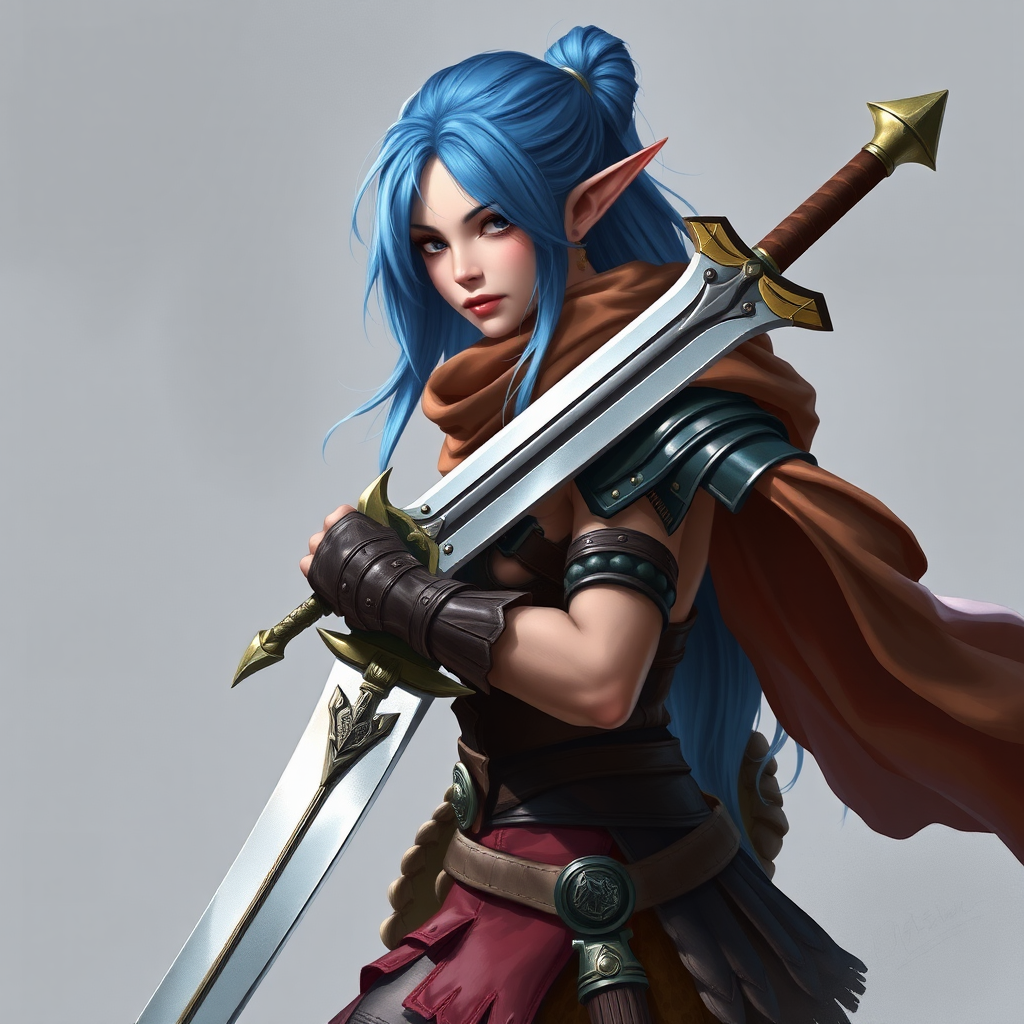 A female elf warrior with blue hair.