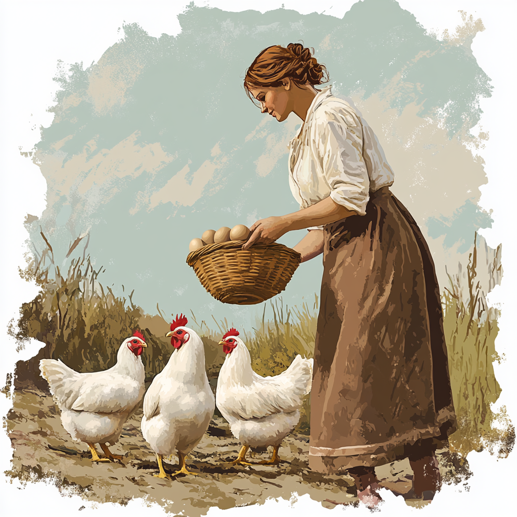 A female farmer collecting eggs from chickens in farm.