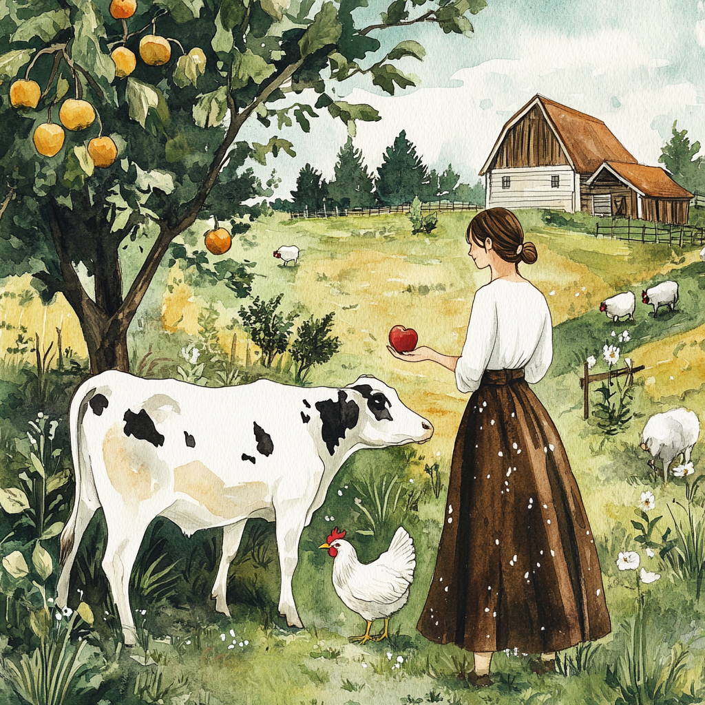 A female farmer milking cow and picking apple.