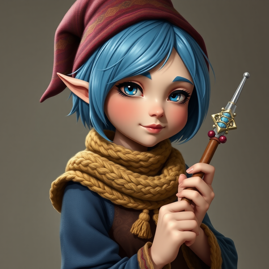 A female gnome wizard with short blue hair.