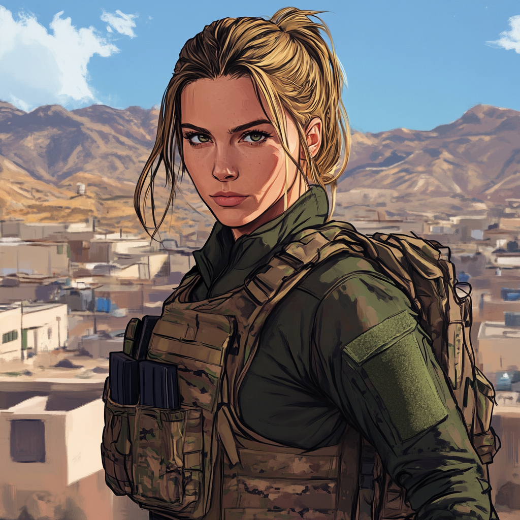 A female soldier in city landscape illustration.