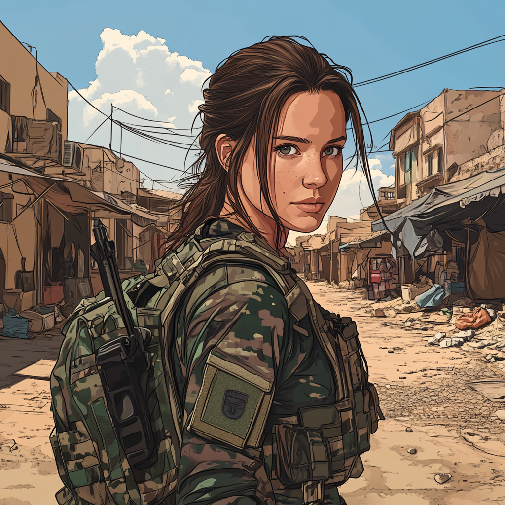 A female soldier in urban desert market place.