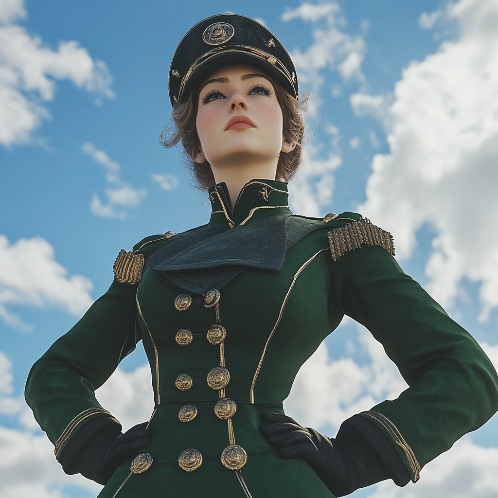 A female steampunk sailor in full green uniform