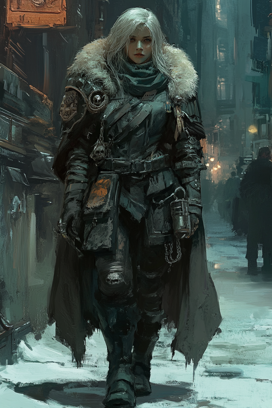 A female warhammer 40k citizen in grimdark outfit.