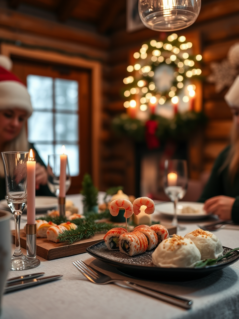 A festive Christmas dinner in Norwegian cabin.