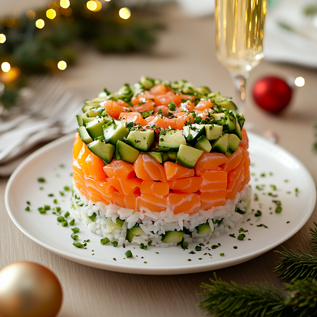 A festive Russian salad with salmon and avocado