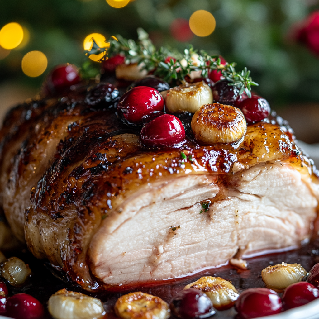 A festive pork roast with fruit glaze decoration