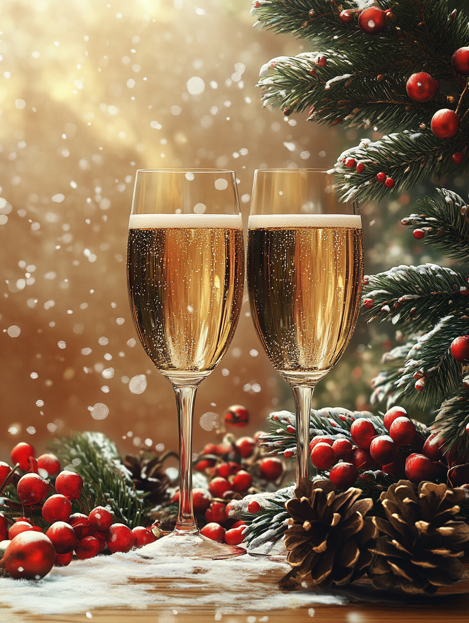 A festive table with champagne and decorations