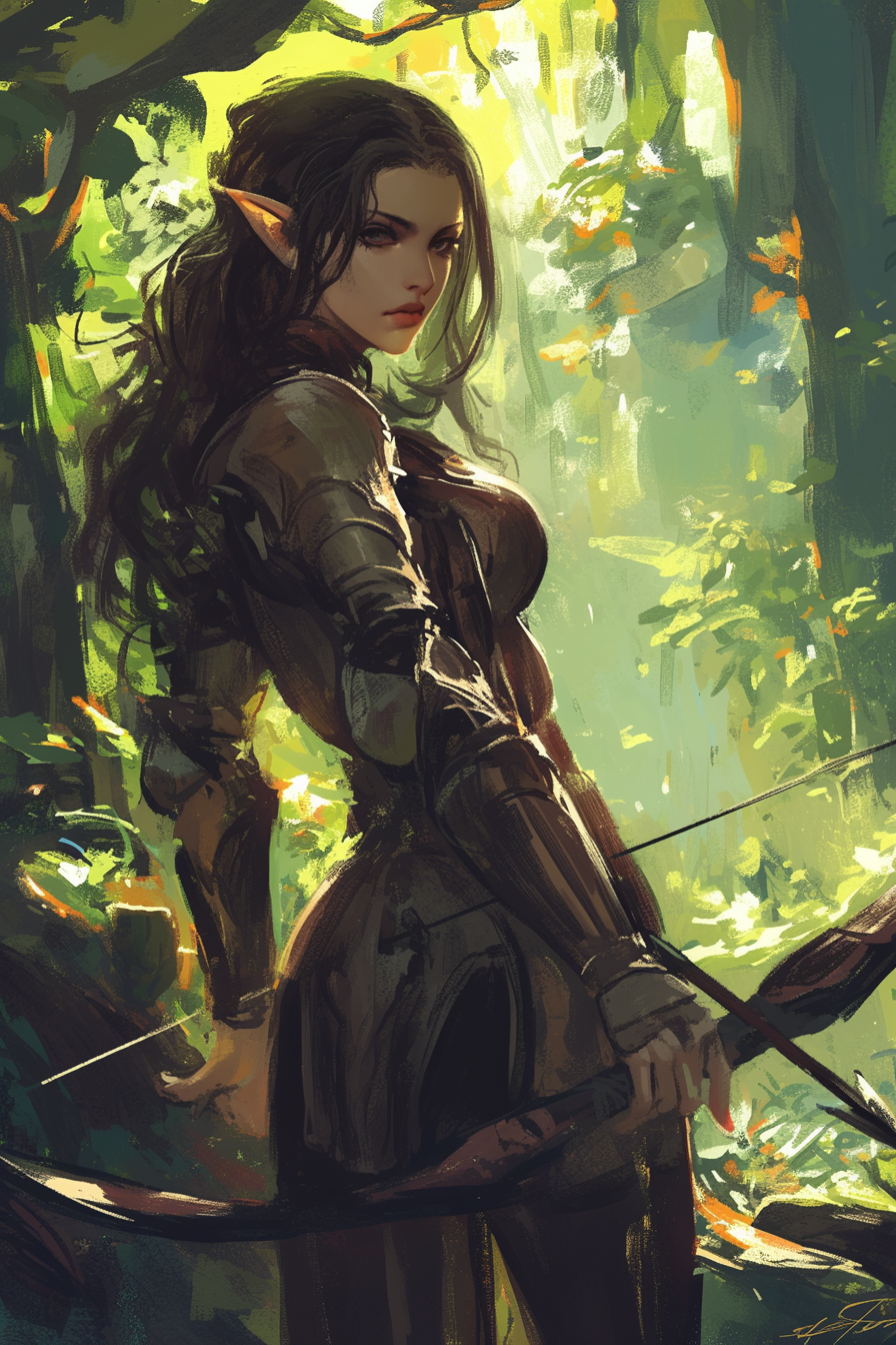 A fierce Elf woman in armor with bow