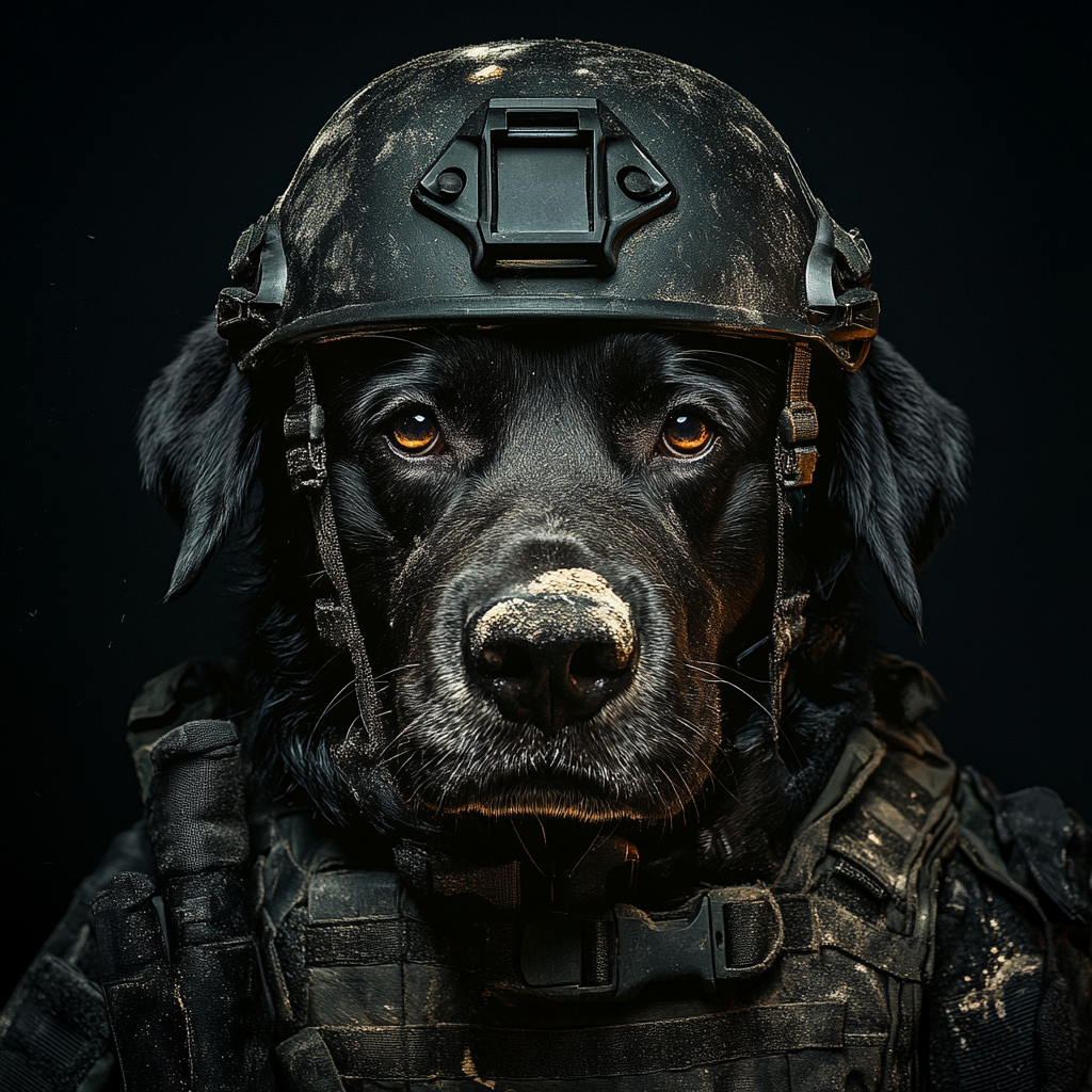 A fierce Labrador in military gear, facing camera