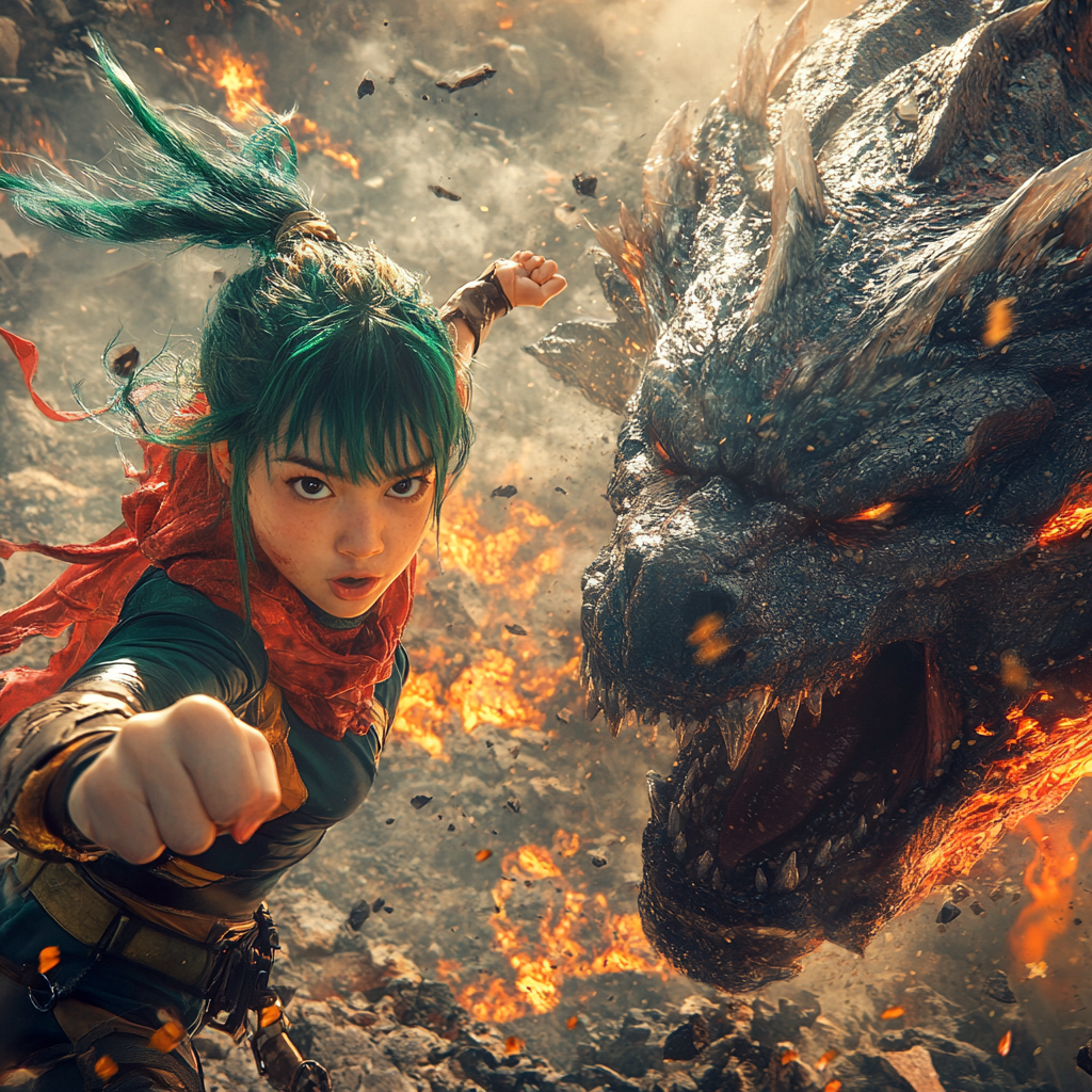 A fierce battle between young hero and dragon