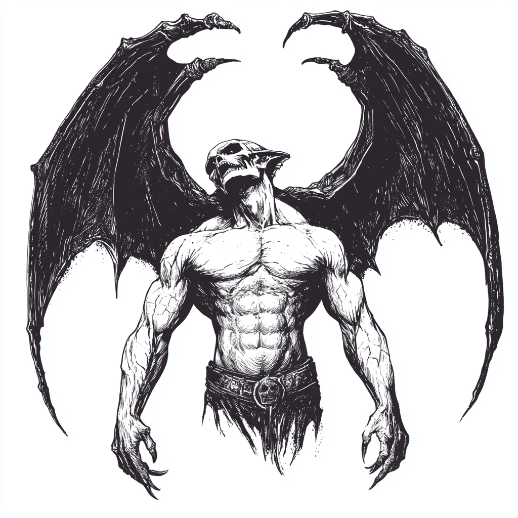 A fierce male demon with large wings, ready to catch.