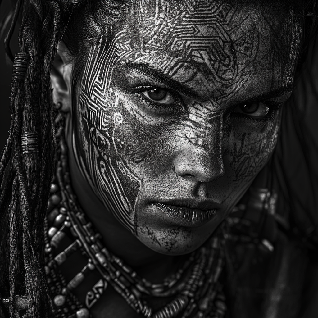 A fierce warrior woman with tribal markings portrait.