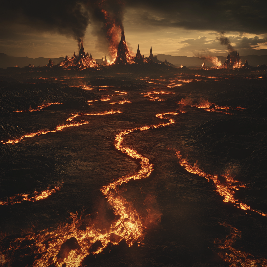 A fiery landscape of hell with cult symbols