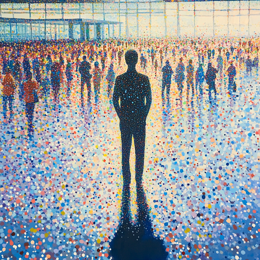 A figure in airport terminal made of tiny dots