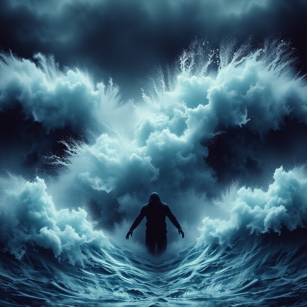 A figure overwhelmed by crashing waves.