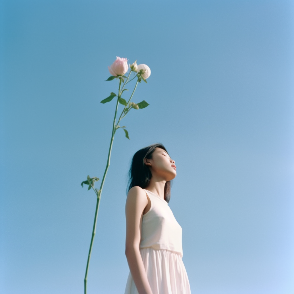 A flower with a girl in a white dress.