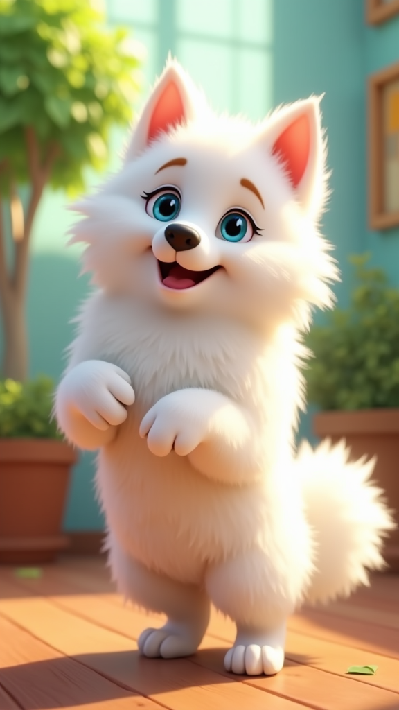 A fluffy American Eskimo dog in Pixar style