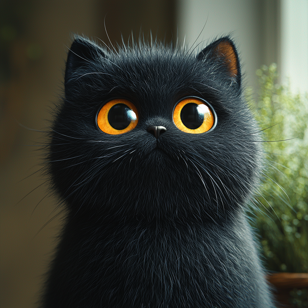 A fluffy black cat with a calm face