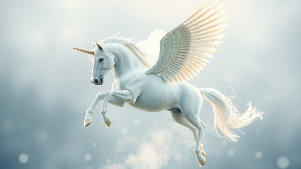 A flying white unicorn winged horse in 3D